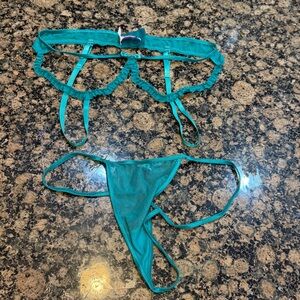 Elegant Moments Sheer Teal Strappy Garter Belt & G-String Set L